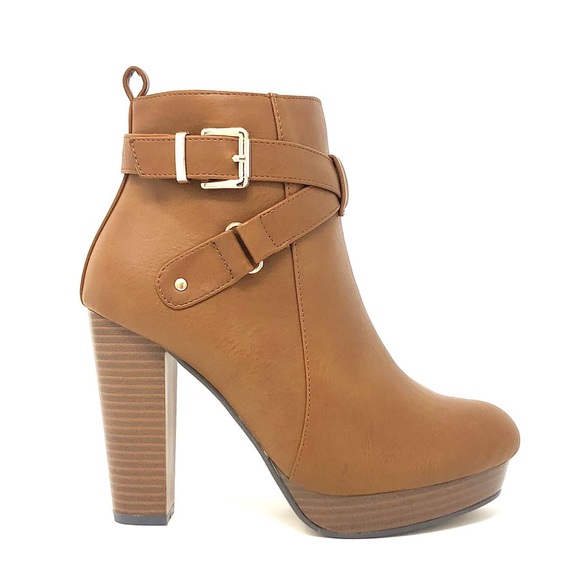 Cognac Tan Vegan Leather Buckle Ankle Boots - Picture 12 of 12